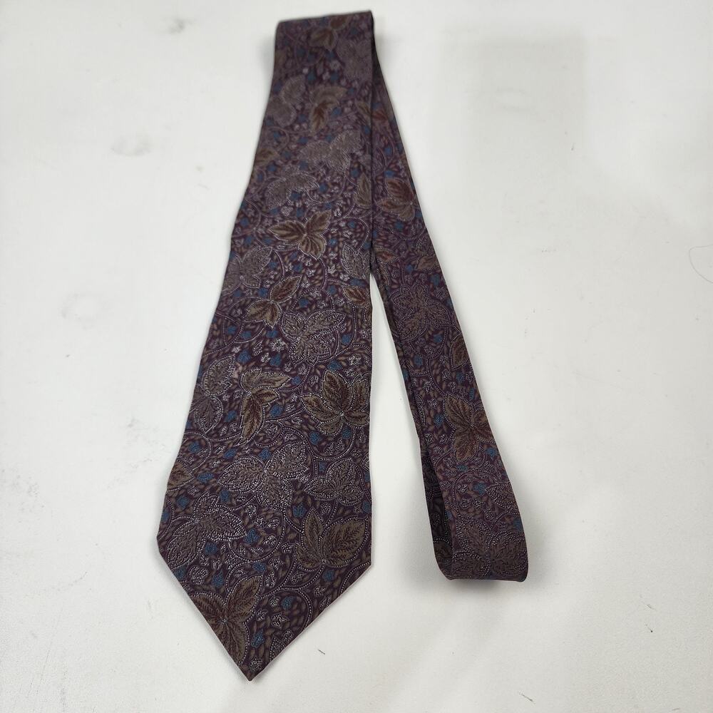 Valentino Cravatte NO. 4321 Brown Burgundy Blue Leaf 100% Silk Tie 3.5" W Italy